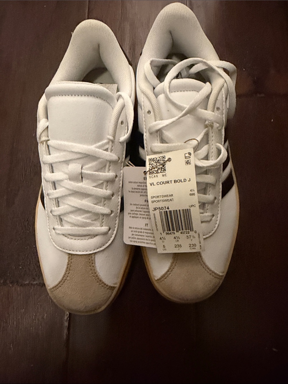 adidas White Sneakers with Black Stripes and Tan Toe